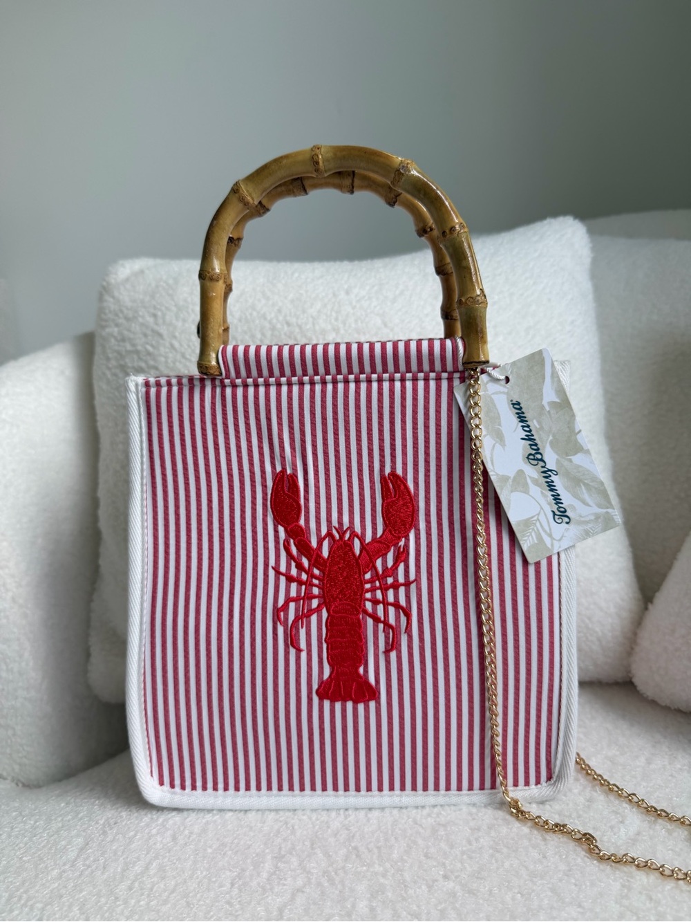 NWT Tommy Bahama Red White Striped Lobster Embroidered Handbag Bamboo Handle